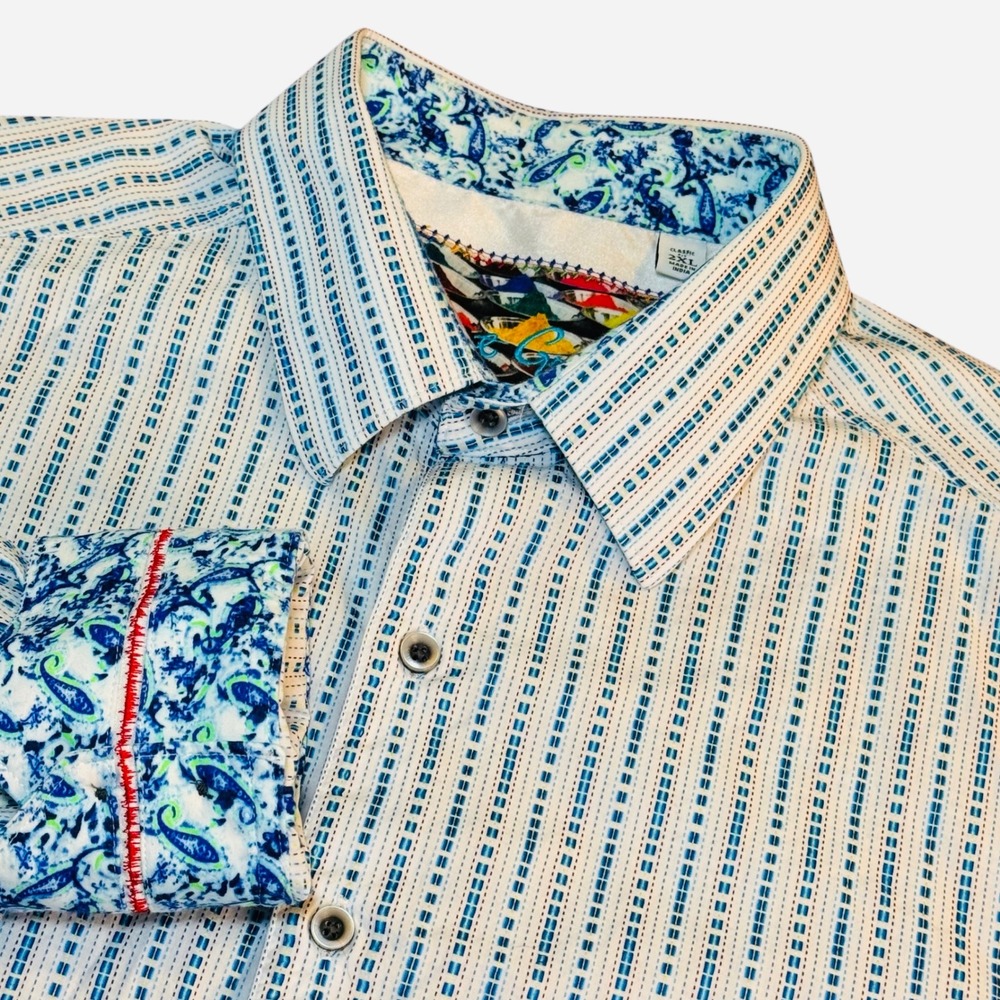 Robert Graham Mens 2XL Classic Fit Blue White Striped Paisley Trim Button Shirt